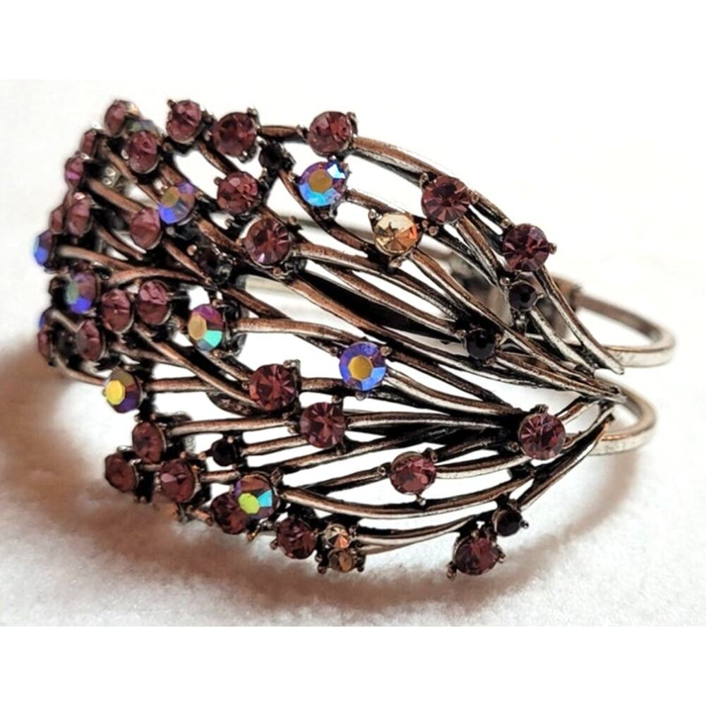 Rhinestone Clamper Bracelet Purple Pink AB Silvertone Metal Boho Fairy Cottage - Picture 6 of 12